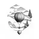 A whimsical hot air balloon floating over a landscape of mountains and forests, representing the freedom and adventure of travel tattoo design idea