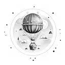 A whimsical hot air balloon floating over a landscape of mountains and forests, representing the freedom and adventure of travel tattoo design idea