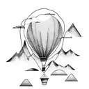 A whimsical hot air balloon floating over a landscape of mountains and forests, representing the freedom and adventure of travel tattoo design idea