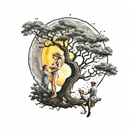 dad mom daughter and son combine with tree and the moon tattoo design idea