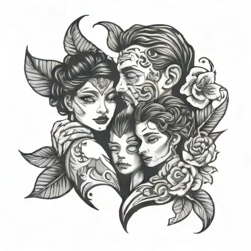 family tattoo father and a mother and 7 years daughter with 3 years son in black shade tattoo design idea