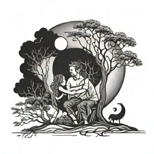 dad mom daughter and son combine with tree and the moon tattoo design idea