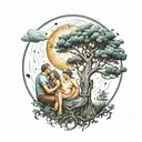 dad mom daughter and son combine with tree and the moon tattoo design idea