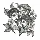 family tattoo father and a mother and 7 years daughter with 3 years son in black shade tattoo design idea