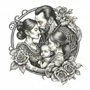 family tattoo father and a mother and 7 years daughter with 3 years son in black shade tattoo design idea