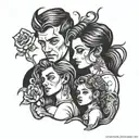 family tattoo father and a mother and 7 years daughter with 3 years son in black shade tattoo design idea