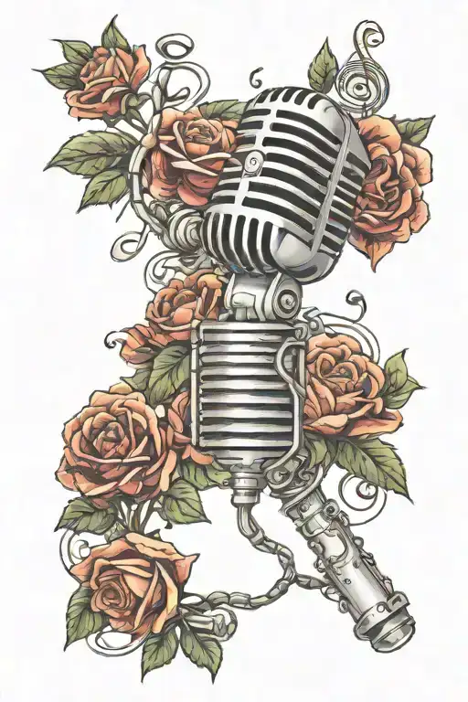 microphone intertwined with flowers and music notes tattoo design idea