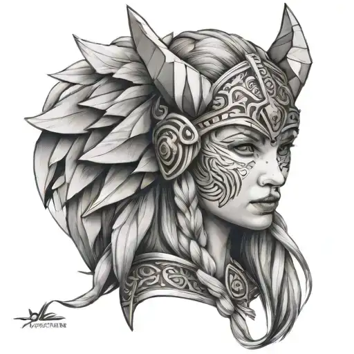 viking woman headdress wolf head origami style tattoo design idea