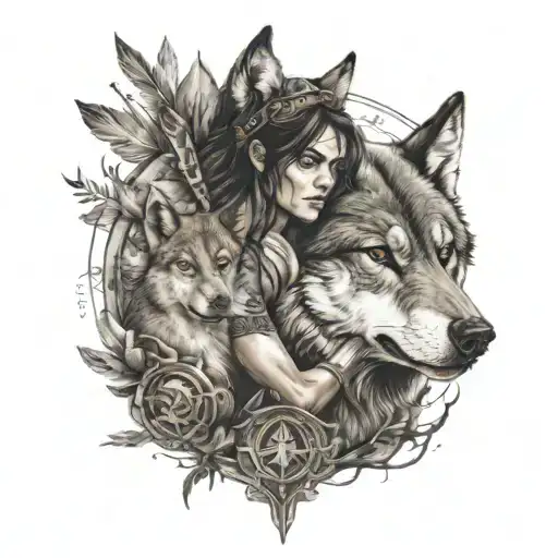 warrior woman and wolf tattoo design idea