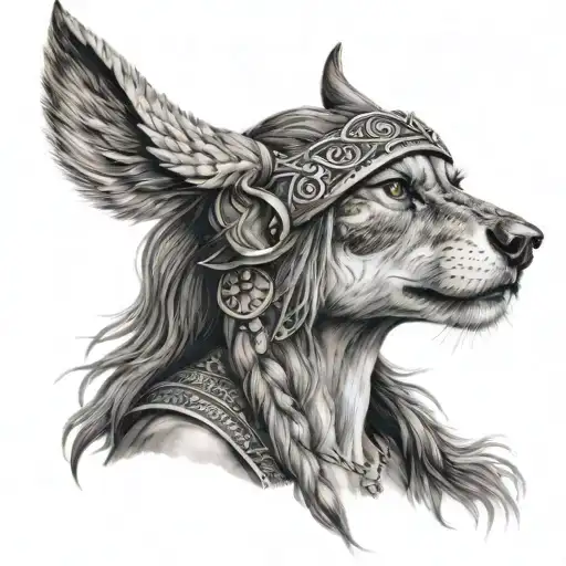 viking wolf head woman tattoo design idea