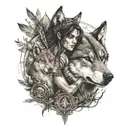 warrior woman and wolf tattoo design idea