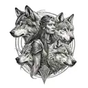 warrior woman and wolf tattoo design idea