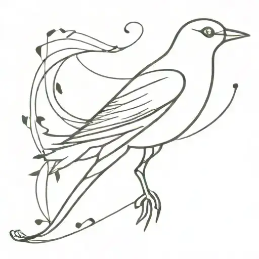 A whimsical blackwork tattoo of a bird gracefully dancing on a musical note tattoo design idea