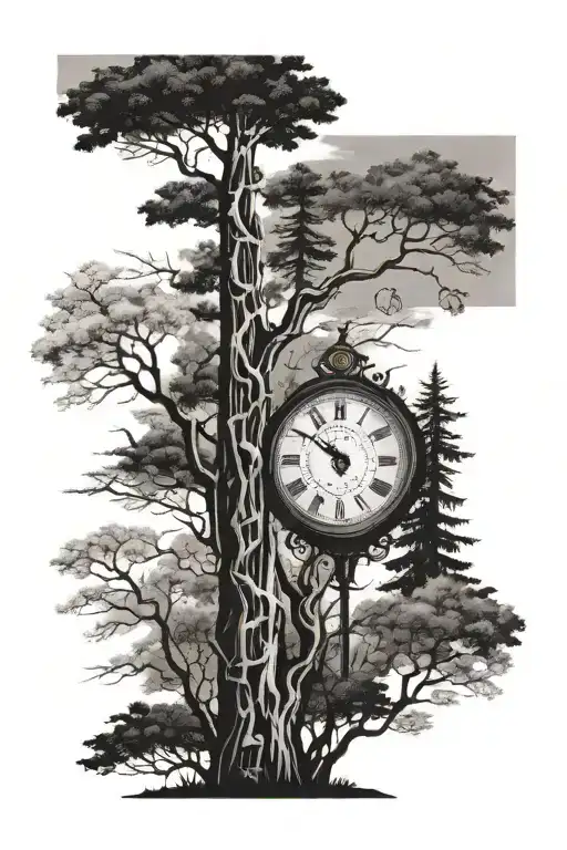  a bunch of tall skinny trees, with a clock of when i was born and two black bands at the bottom of the tattoo tattoo design idea