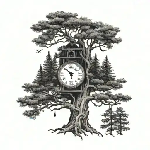  a bunch of little pine trees going up, a roman numeral clock , two black bands tattooed at the bottom of the tree  tattoo design idea