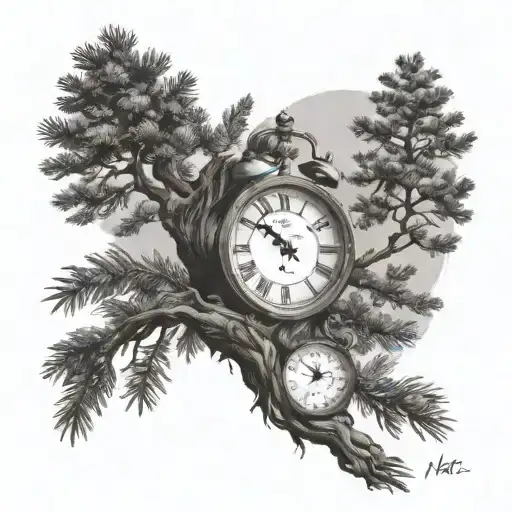  a bunch of pine trees, a roman numeral clock of when I was born, two black bands tattooed at the bottom of the tree  tattoo design idea