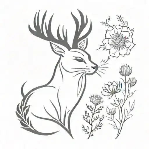 black cat, stag antlerts, thistle flower, buttercup, book tattoo design idea