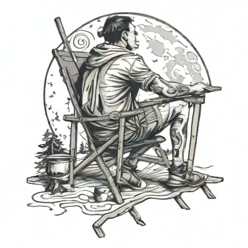a Guy on a camping chair looking AT the full moon tattoo design idea