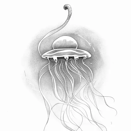 A minimalist and elegant tattoo of a jellyfish gracefully floating in the depths of the ocean, with fine linework capturing its delicate movements tattoo design idea