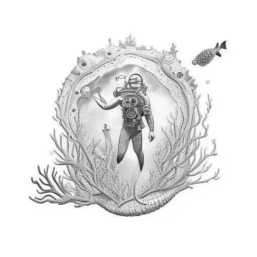 A striking and detailed blackwork tattoo depicting a diver exploring a mysterious underwater cave, surrounded by intricate coral formations tattoo design idea