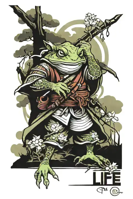life of tree,toad and samurai warrior tattoo design idea