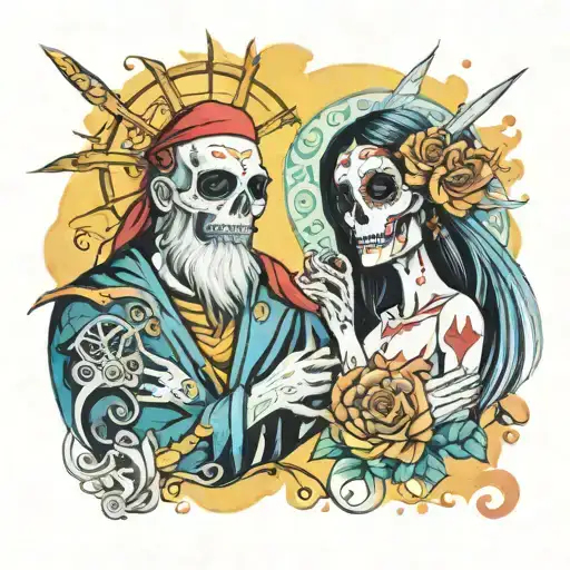santa muerte watercolor love couples with sun tattoo design idea