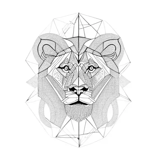 symbols of 4 cardinal virtues of stoicism around 4 corners of a line geometrical lion figure head  tattoo design idea