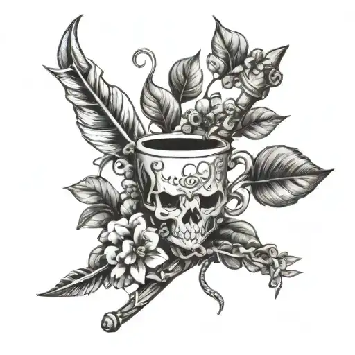 A coffee plant intertwined with gladiator armor and weapons tattoo design idea
