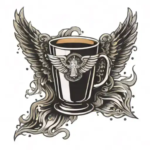 A coffee cup with wings, resembling a gladiator shield, surrounded by flames tattoo design idea