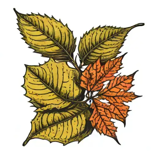 a leaf of a linden tree and a leaf of a hornbeam emerge from a branch of rowan and cedar tattoo design idea