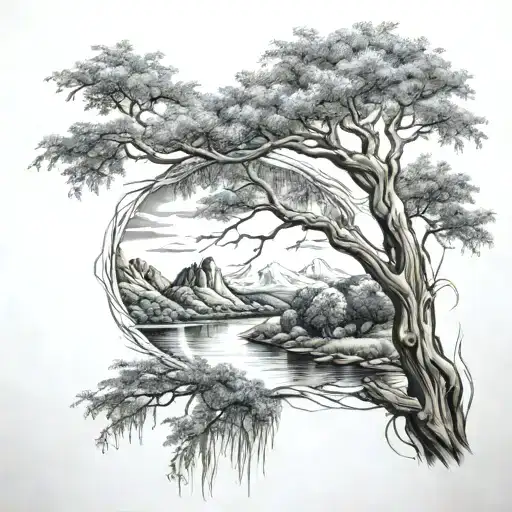 willow tree surrounded my mountain range tattoo design idea