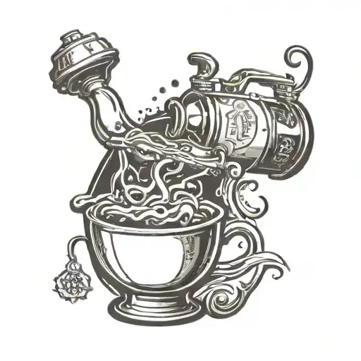 An intricate design of a barista brewing coffee inside a sea in a bottle tattoo design idea