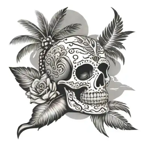 sugar skull, xray, beach scene with palm trees tattoo design idea
