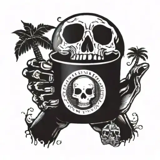 A skeletal hand holding a coffee cup with a beach scene inside, incorporating elements of x-rays and sugar skulls tattoo design idea