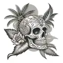 sugar skull, xray, beach scene with palm trees tattoo design idea