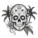 sugar skull, xray, beach scene with palm trees tattoo design idea