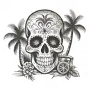 sugar skull, xray, beach scene with palm trees tattoo design idea