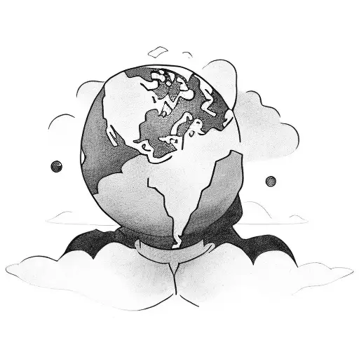 a child boy wearing a cape and holding the earth in his hands while smiling at it tattoo design idea