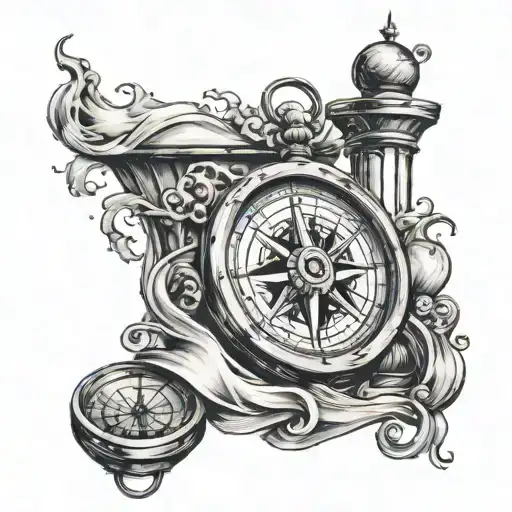 rough sea and broken hour glass and nautical compass tattoo design idea