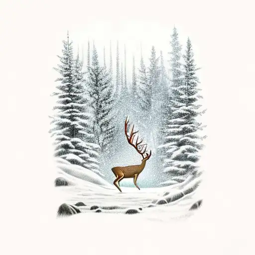 deer running through forest with northern lights in the background tattoo design idea