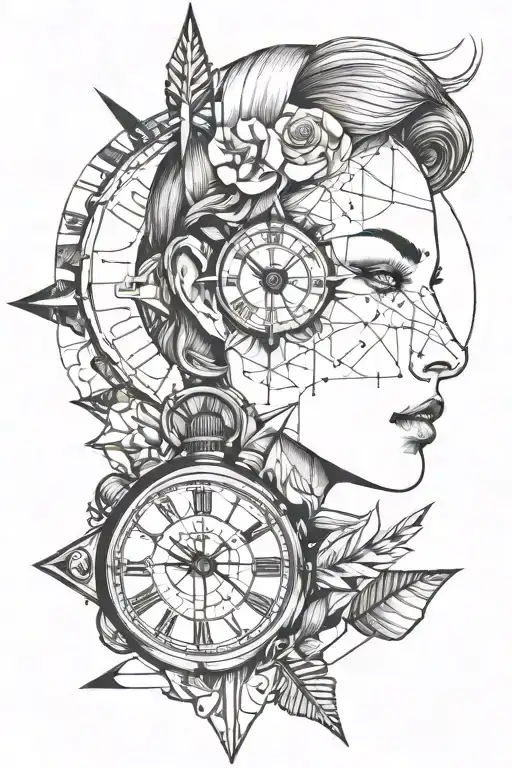 The girl's face is divided into sections by an arrow from the watch, which is located below.  In place of the second hal tattoo design idea