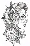 The girl's face is divided into sections by an arrow from the watch, which is located below.  In place of the second hal tattoo design idea