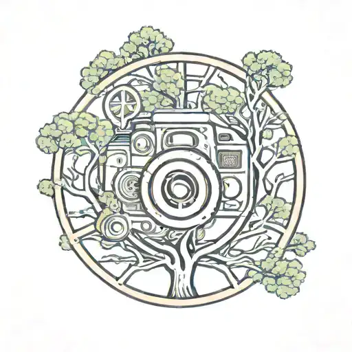 peace sign with some trees and camera inside the spaces of the peace sign tattoo design idea