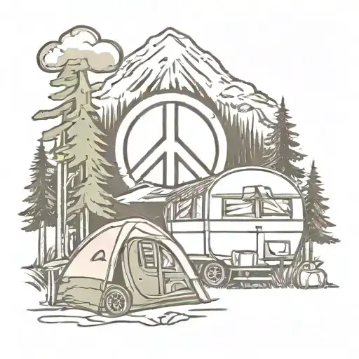 peace sign with camping cabin and camera  tattoo design idea