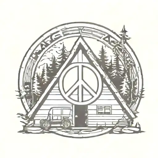 peace sign with camping cabin and camera inside the sign tattoo design idea