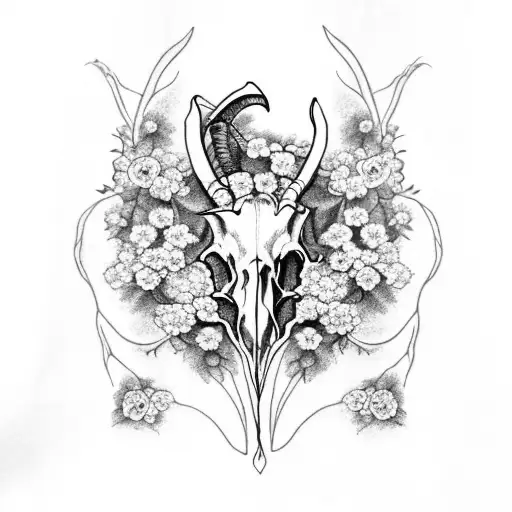 A goat skull surrounded by forget-me-not flowers, symbolizing remembrance and eternal love tattoo design idea