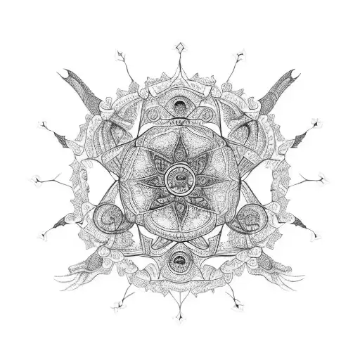 An intricate mandala incorporating goat motifs, representing the interconnectedness of life and death in remembrance tattoo design idea