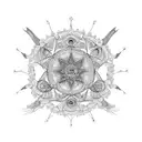 An intricate mandala incorporating goat motifs, representing the interconnectedness of life and death in remembrance tattoo design idea