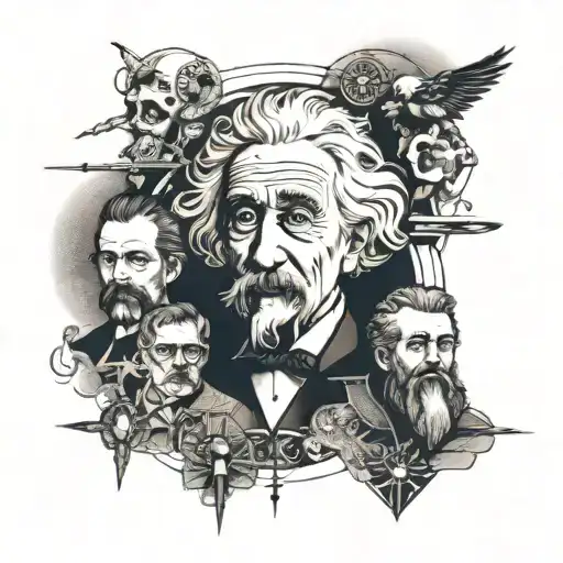 einstein,archimeds,darwin,Newton,Galileo,nikola tesla,pythagorea composition drawing tattoo design idea