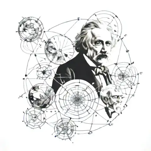 Einstein, pythagorea, Galileo,nikola tesla, darwin, copernicus, Newton, archimedes, faraday composition drawing tattoo design idea